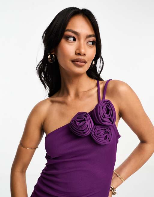 Vestido midi morado con detalle floral tridimensional de Mango