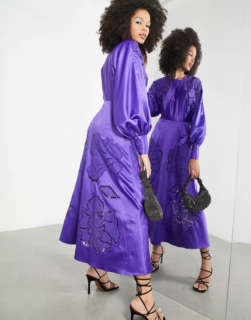 Vestido midi morado de manga larga con diseño calado de satén de ASOS EDITION, 2 de 4