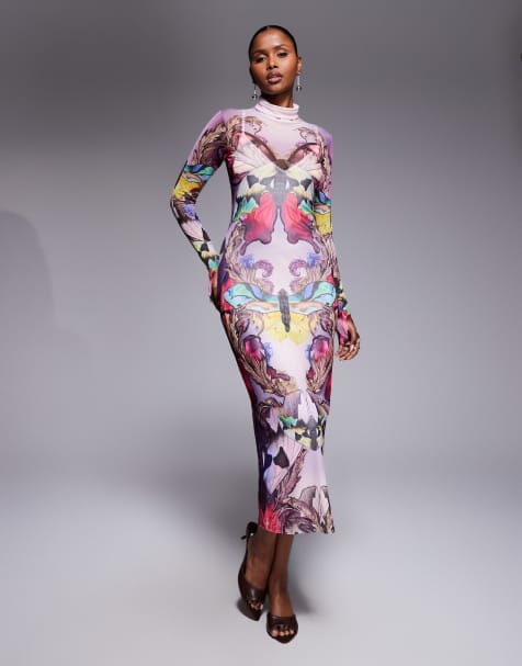 Vestido midi morado estampado de manga larga con cuello alzado de malla Shailene de AFRM - view 1