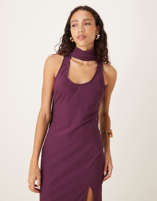 Vestido midi morado uva con cuello ancho y detalle de fular de ASOS DESIGN, 4 de 4