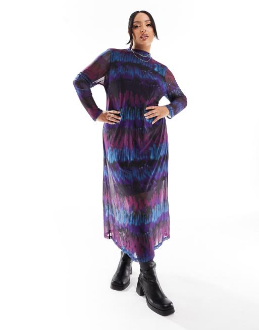 Vestido midi multicolor con cuello alto y efecto tie dye de malla de Pieces Curve