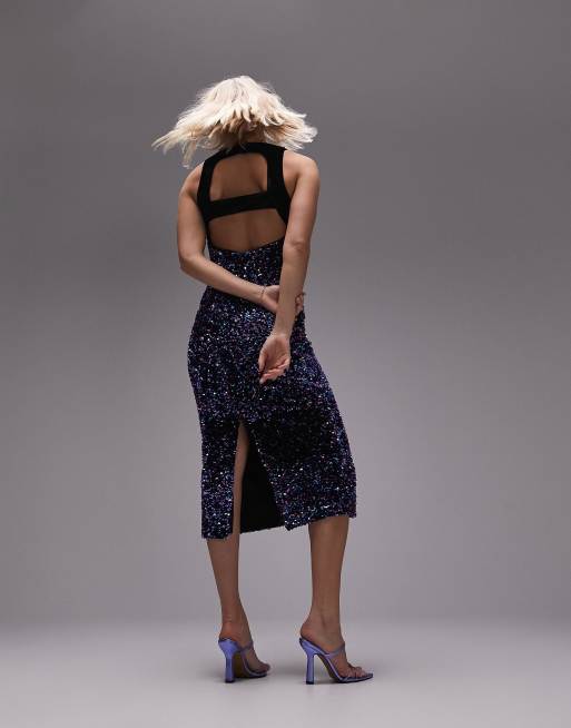Vestido midi multicolor con espalda al aire de lentejuelas de Topshop