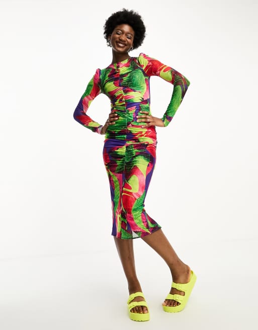 Vestido midi multicolor con estampado abstracto, abertura y detalle fruncido de malla de House of Holland