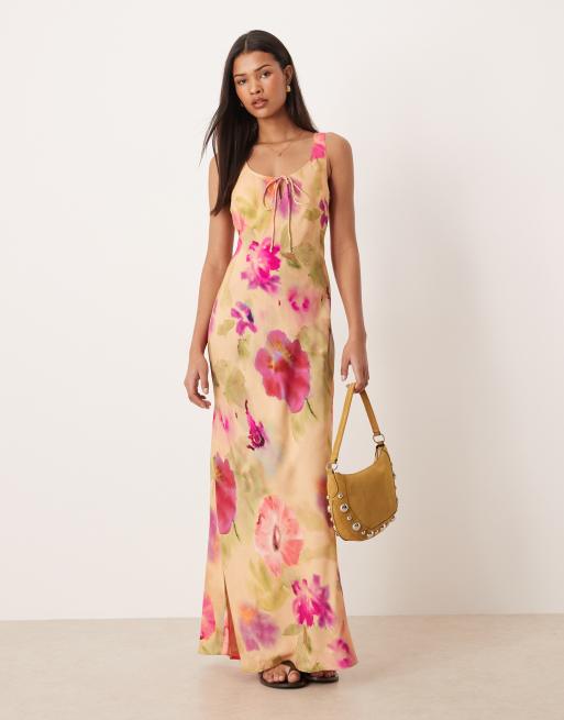 Vestido midi multicolor con estampado floral, cuello ancho y lazada delantera de ASOS DESIGN