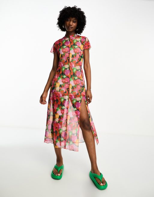 Vestido midi multicolor con estampado floral de malla de Bolongaro Trevor