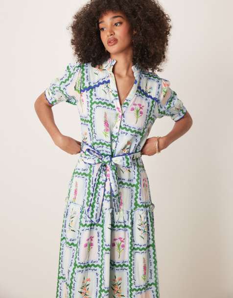 Vestido midi multicolor con falda escalonada, lazada en la cintura y botones delanteros de Hope & Ivy - view 1