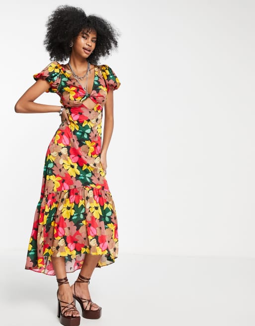 Vestido midi multicolor con lazada en la parte delantera y estampado floral llamativo de Topshop 
