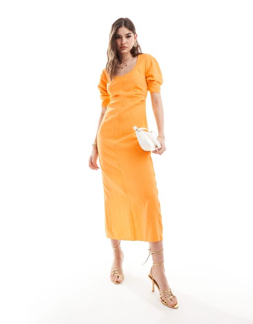 Vestido midi naranja con cuello ancho y cintura plisada de ASOS DESIGN