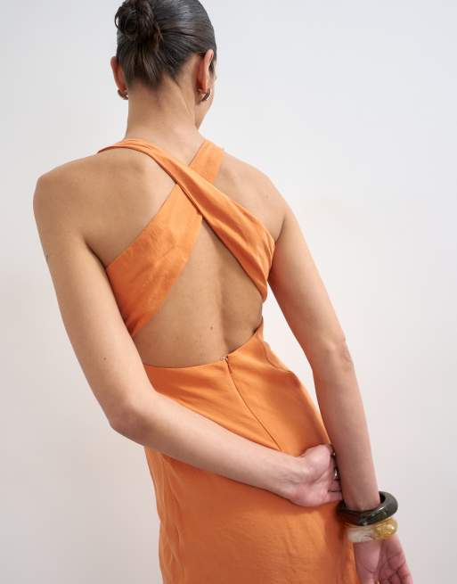 Vestido midi naranja con espalda cruzada de cupro de Topshop, 4 de 4