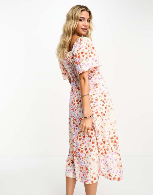 Vestido midi naranja con estampado floral y cordones en la parte delantera de Influence, 2 de 4