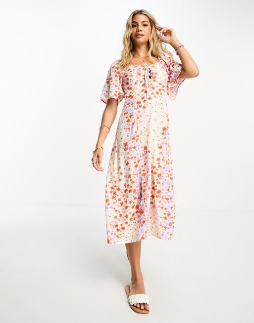 Vestido midi naranja con estampado floral y cordones en la parte delantera de Influence, 4 de 4