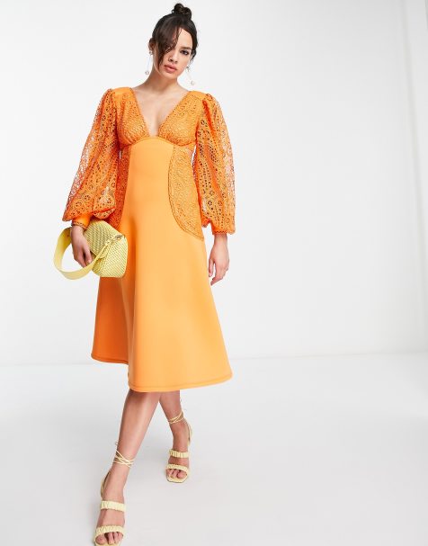 Vestido midi naranja con mangas con brocado de ASOS DESIGN - view 1