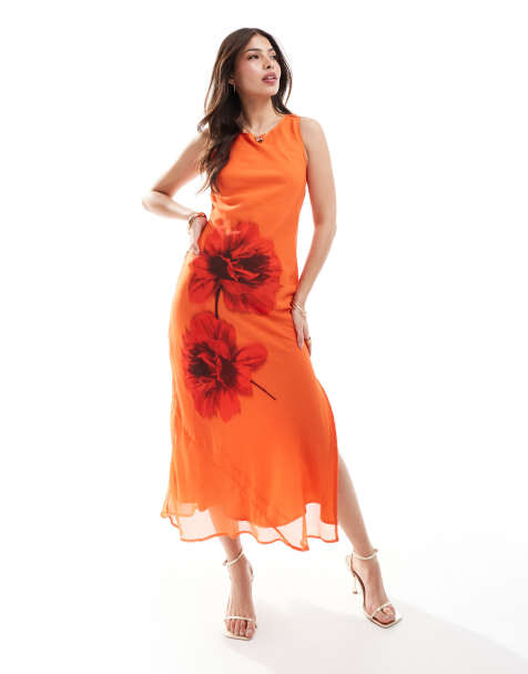 Vestido midi naranja de corte recto con estampado floral posicional de ASOS DESIGN - view 1