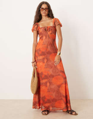 Vestido midi naranja de estilo mesonera con estampado y espalda abierta de malla de ASOS DESIGN - view 1
