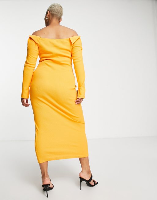 Vestido midi naranja de manga larga con escote Bardot de SIMMI Plus, 2 de 4