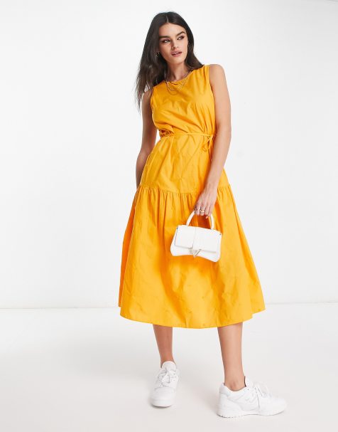 Vestido midi naranja escalonado con diseño floral bordado de Mango - view 1