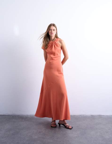 Vestido midi naranja mandarina con mangas asimétrica y detalle de nudo en el cuello de Topshop - view 1