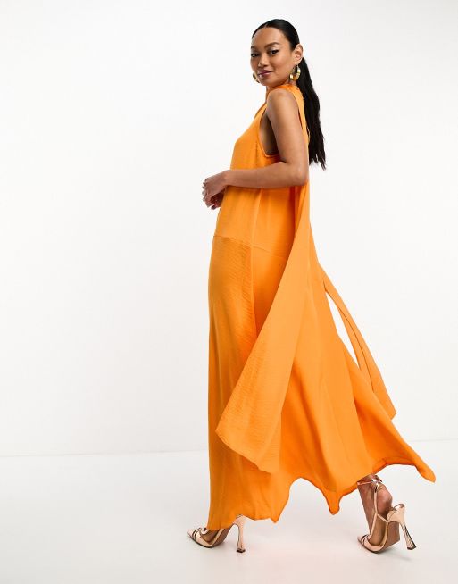 Vestido midi naranja mangas estilo moderno con cuello desbocado y detalle de pañuelo al cuello de ASOS DESIGN | ASOS