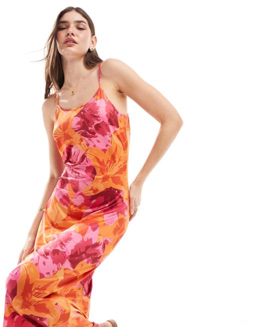 Vestido midi naranja y rosa de tirantes con estampado floral extragrande de punto de Vila, 4 de 4