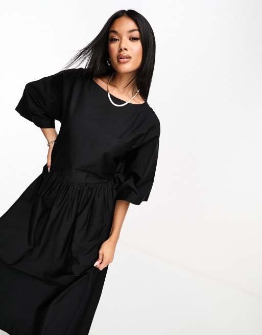 Vestido midi negro amplio estilo camiseta de popelina de ASOS DESIGN, 2 de 4