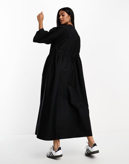 Vestido midi negro amplio estilo camiseta de popelina de ASOS DESIGN, 3 de 4