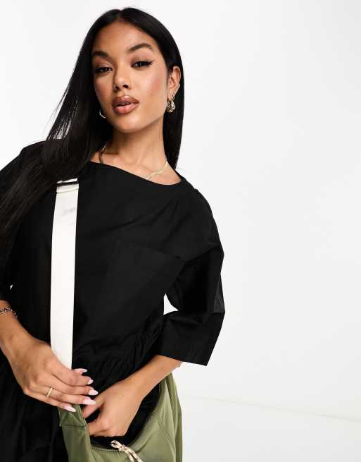 Vestido midi negro amplio estilo camiseta de popelina de ASOS DESIGN, 4 de 4