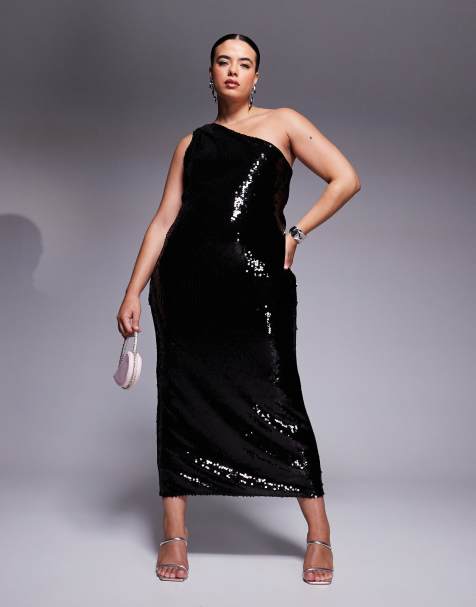 Vestido midi negro asimétrico con lentejuelas transparentes de ASOS DESIGN Curve - view 1
