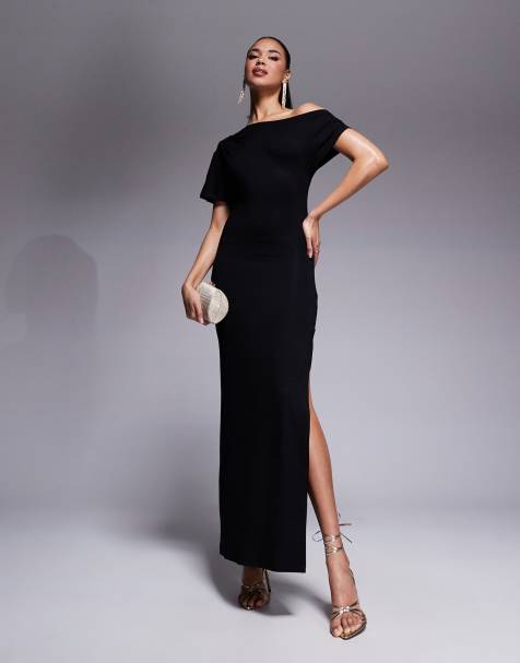 Vestido midi negro asimétrico con mangas de casquillo y abertura de ASOS DESIGN - view 1