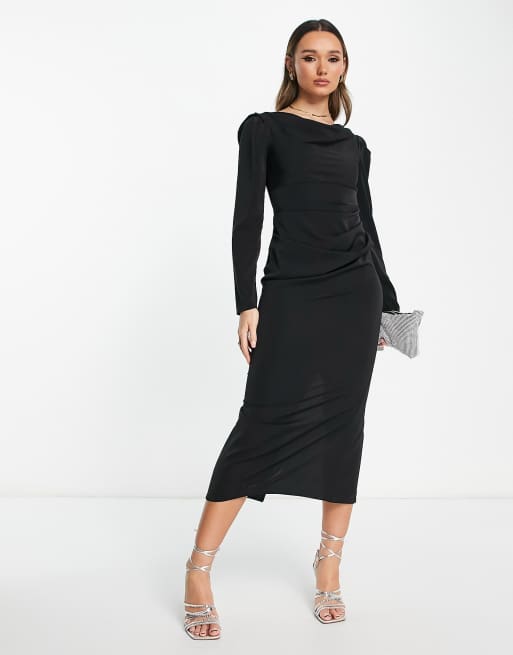 Vestido midi negro ceñido con hombros drapeados de ASOS DESIGN