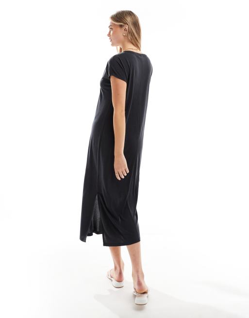 Vestido midi negro ceñido estilo camiseta con cuello de pico de PIECES, 4 de 4