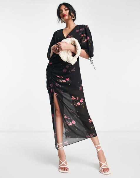 Vestido midi negro con abertura, estampado floral y diseño fruncido Safiya de AllSaints - view 1