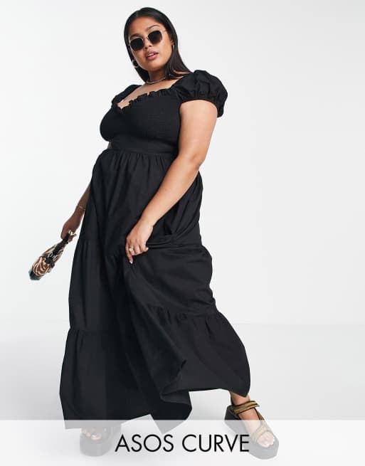 Vestido midi negro con busto fruncido y falda escalonada de ASOS DESIGN Curve