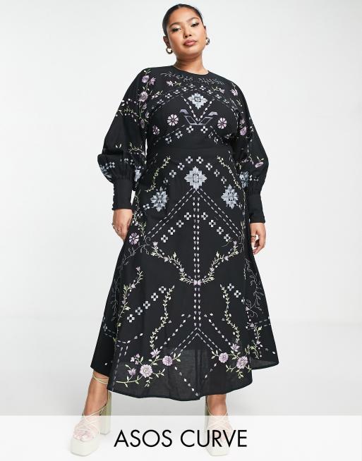 Vestido midi negro cintura ceñida y bordados florales y geométricos de ASOS EDITION Curve | ASOS