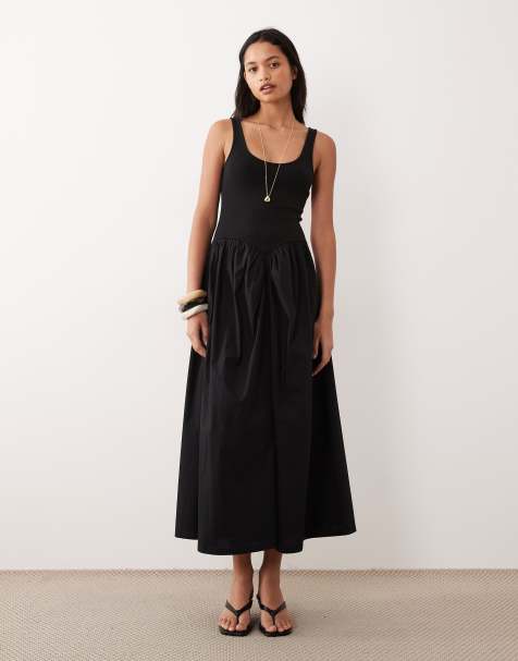 Vestido midi negro con cintura vasca y falda de tejido liso de ASOS DESIGN - view 1