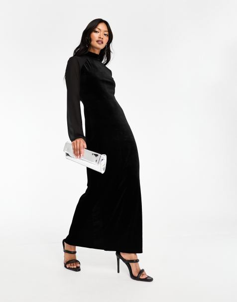 Vestido midi negro con cuello alto con diseño variado de malla y terciopelo de Y.A.S - view 1