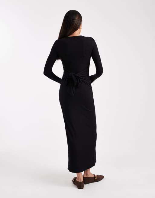 Vestido midi negro con cuello ancho y detalle de lazada de canalé de ASOS DESIGN Maternity, 2 de 4