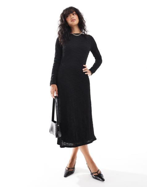Vestido midi negro con cuello barco de tejido texturizado de Vila - view 1
