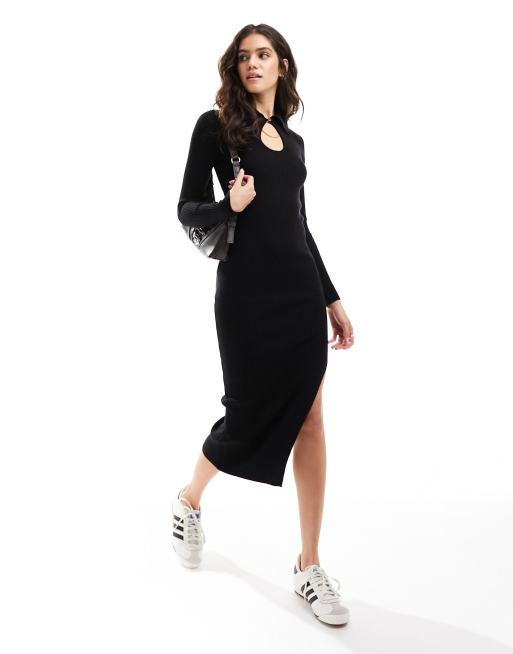 Vestido midi negro con cuello circular abotonado de punto de Mango