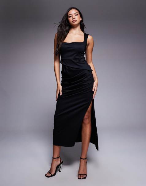 Vestido midi negro con cuello cuadrado de punto roma de ASOS DESIGN - view 1