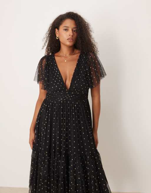 Vestido midi negro con cuello de pico y estampado de lunares de tul de Lace & Beads Plus, 4 de 4