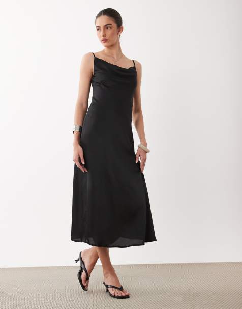 Vestido midi negro con cuello desbocado de satén de New Look - view 1