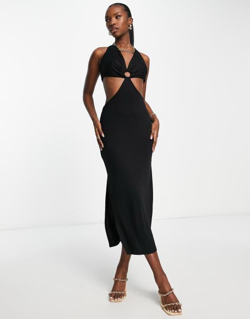 Vestido midi negro con cuello halter y aberturas de Trendyol