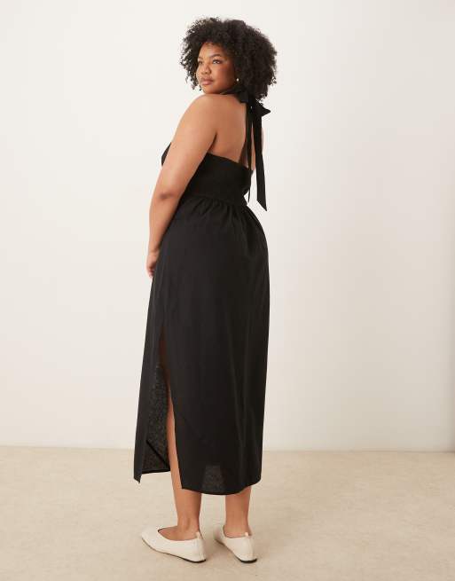 Vestido midi negro con cuello halter y pecho moldeado de algodón y lino de ASOS DESIGN Curve , 3 de 4