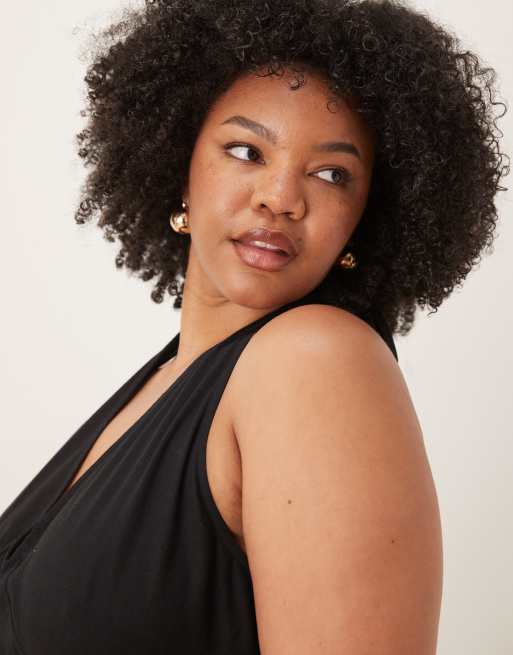 Vestido midi negro con cuello halter y pecho moldeado de algodón y lino de ASOS DESIGN Curve , 4 de 4