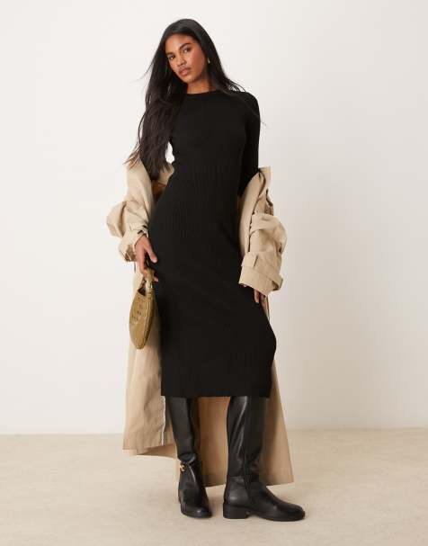 Vestido midi negro con cuello redondo de canalé de New Look - view 1