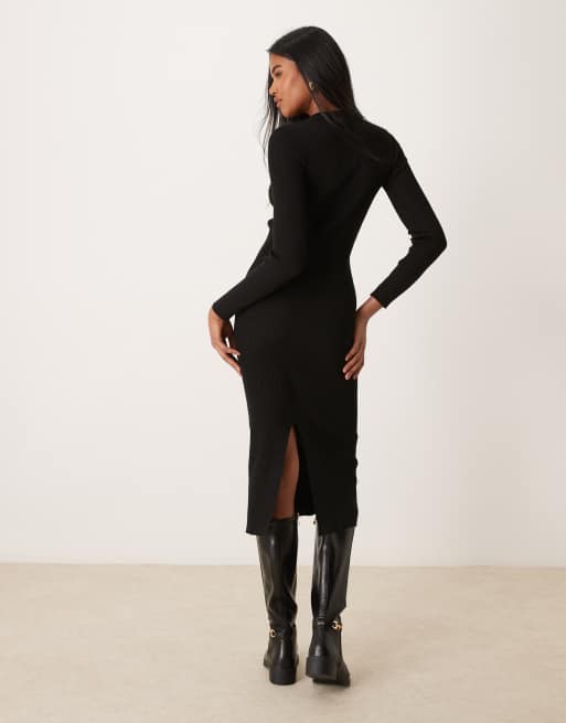 Vestido midi negro con cuello redondo de canalé de New Look, 2 de 4
