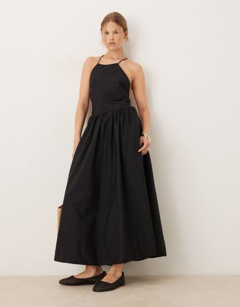 Vestido midi negro con cuello subido y cintura baja de algodón premium de Mango - view 1