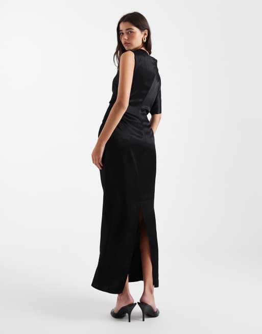 Vestido midi negro con detalle de capa asimétrica de satén de ASOS DESIGN, 2 de 4