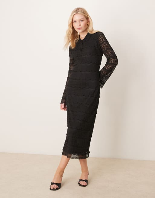 Vestido midi negro con detalle de cuello tipo polo de encaje texturizado de YAS