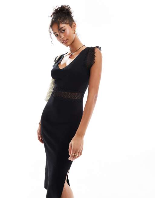Vestido midi negro con detalle de encaje de punto de Morgan